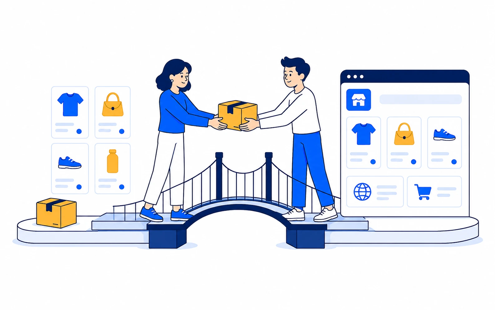Продавец и представитель маркетплейса передают товар через общий мост
